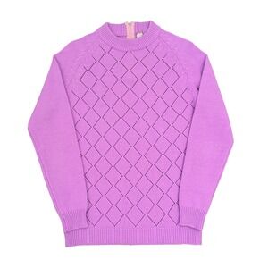 Vintage 60s Montgomery Ward Womens 36 Purple Argyle Knit Sweater Mock Neck Zip